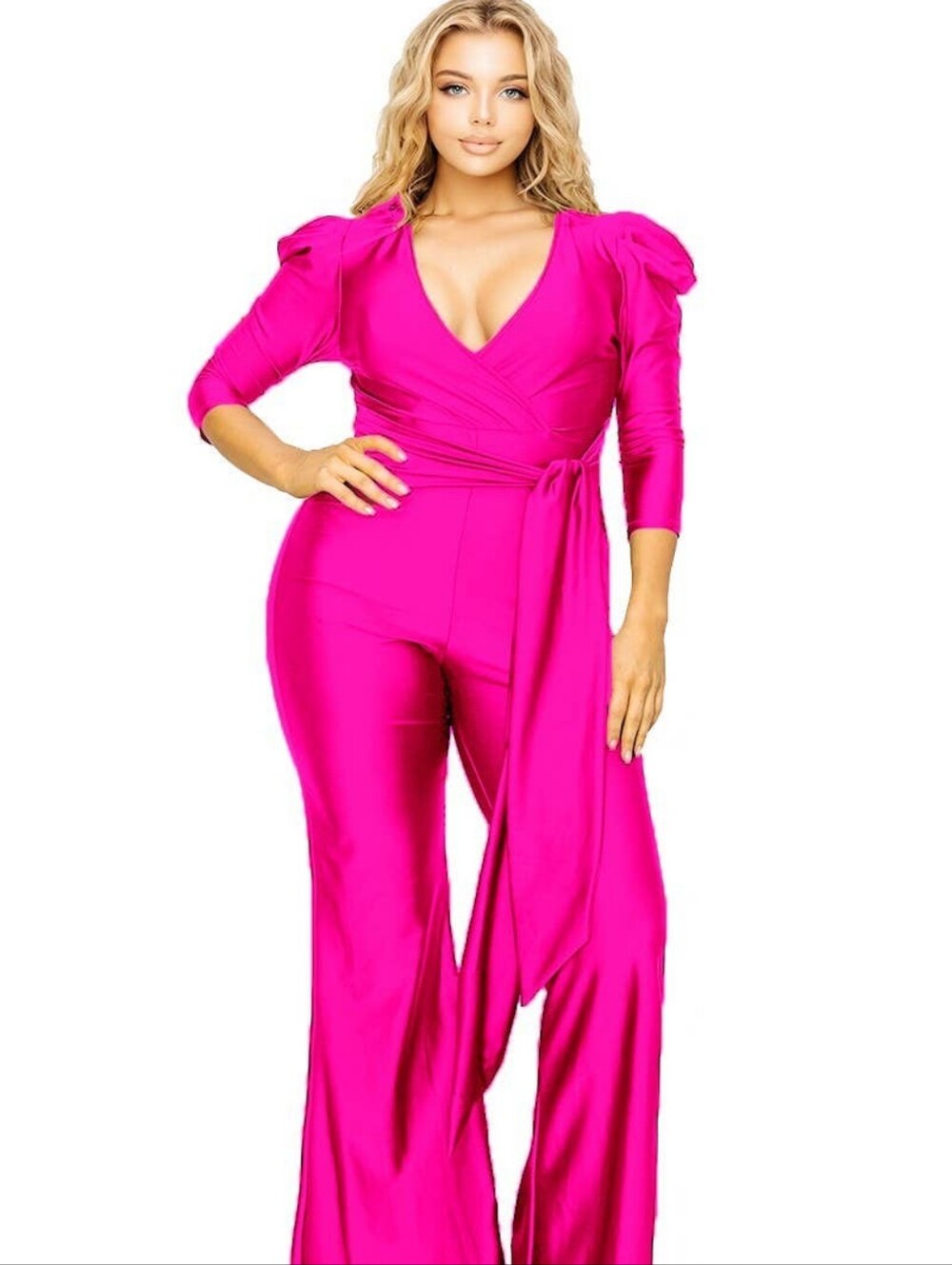 Hot Pink Wrap Jumpsuit with Tie Waist
